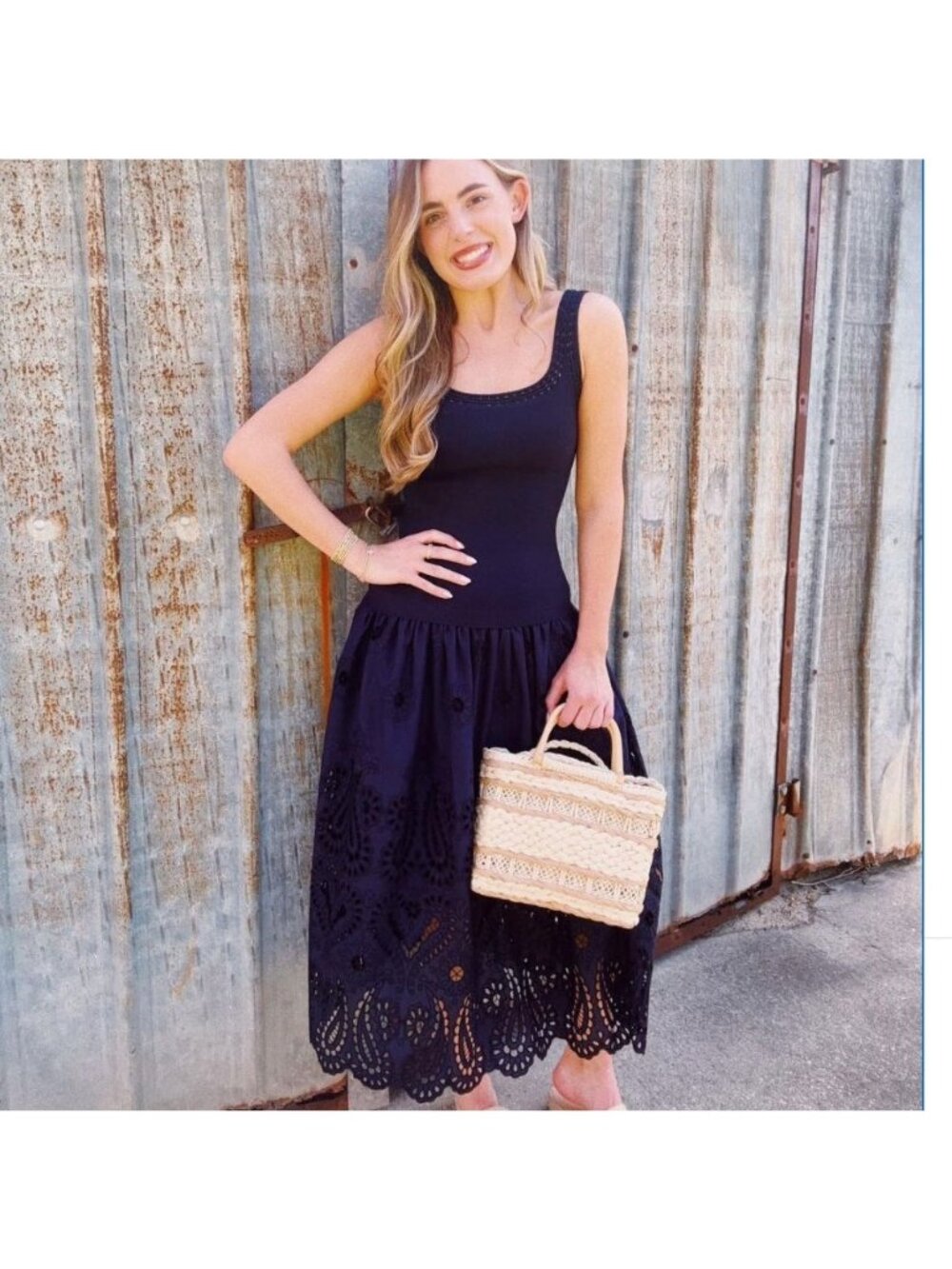 Current Air Navy Blue Pointelle Knit Scoop Neck Eyelet Fit & Flare Dress L